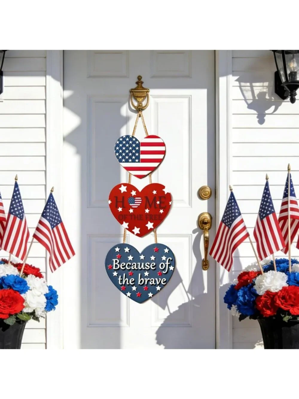 Patriotic 4th of July Door Sign - American Flag Heart Wreath for Indoor/Outdoor
